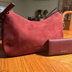 Stunning Michael Kors Burgundy Suede Hobo Shoulder Bag with Matching Wallet